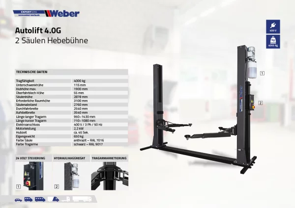 2 SÄULEN HEBEBÜHNE WEBER EXPERT SERIE AUTOLIFT 4.0G MIT GRUNDRAHMEN 4