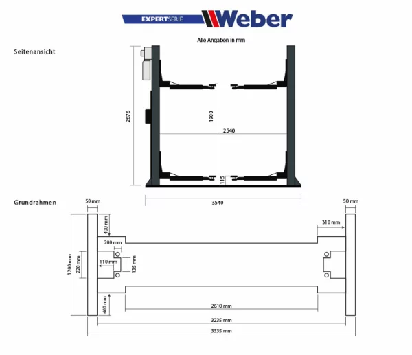 2 SÄULEN HEBEBÜHNE WEBER EXPERT SERIE AUTOLIFT 4.0G MIT GRUNDRAHMEN 5