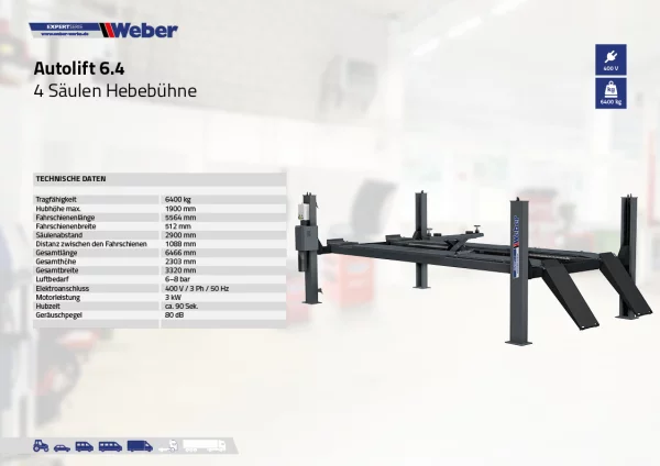 4 SÄULEN HEBEBÜHNE WEBER EXPERT SERIE AUTOLIFT 6.4 INKL. ACHSFREIHEBER UND VERMESSUNGSSATZ 2