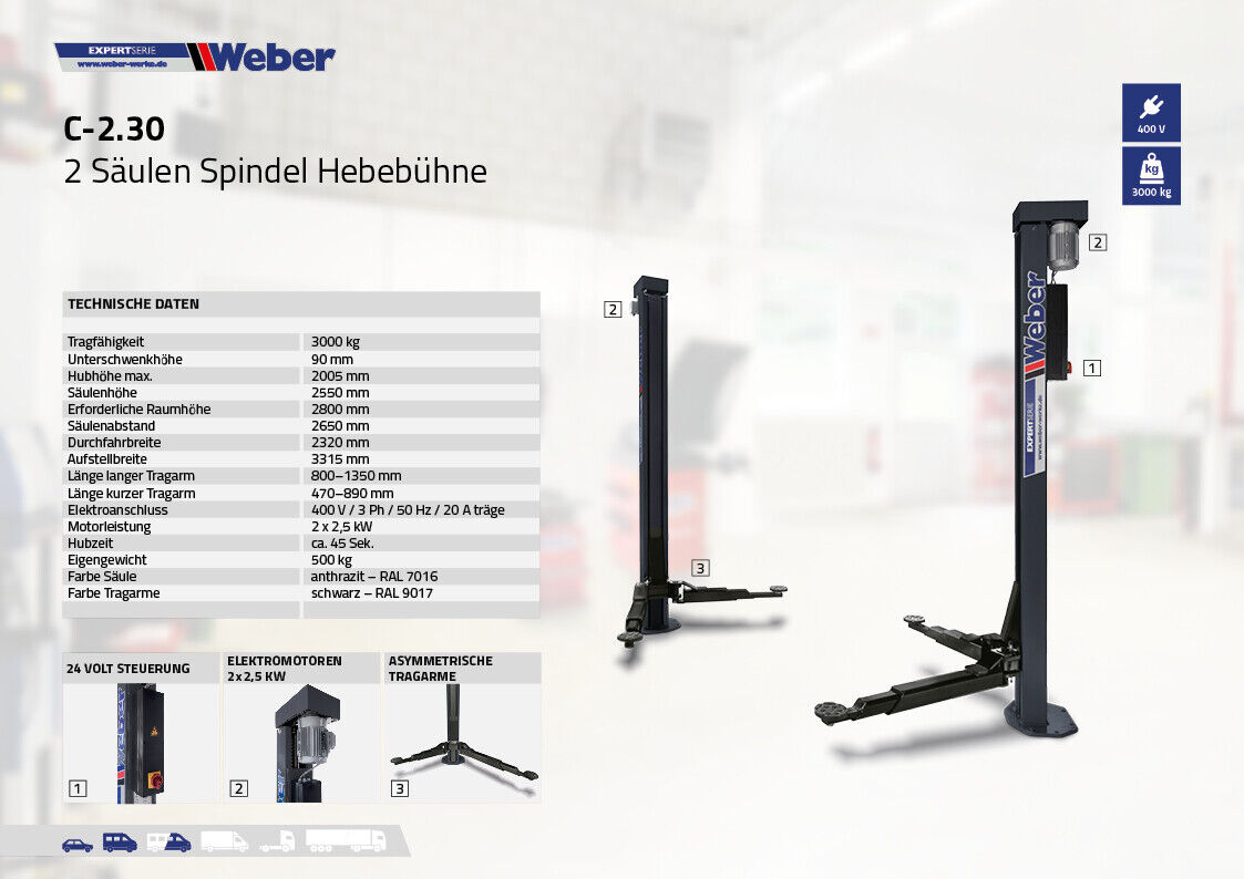 2 Säulen "Spindel" Hebebühne Weber Expert Serie C-2.30 5
