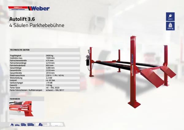 Mobile 4 Säulen Parkhebebühne Weber Profi Serie Autolift 3.6 3