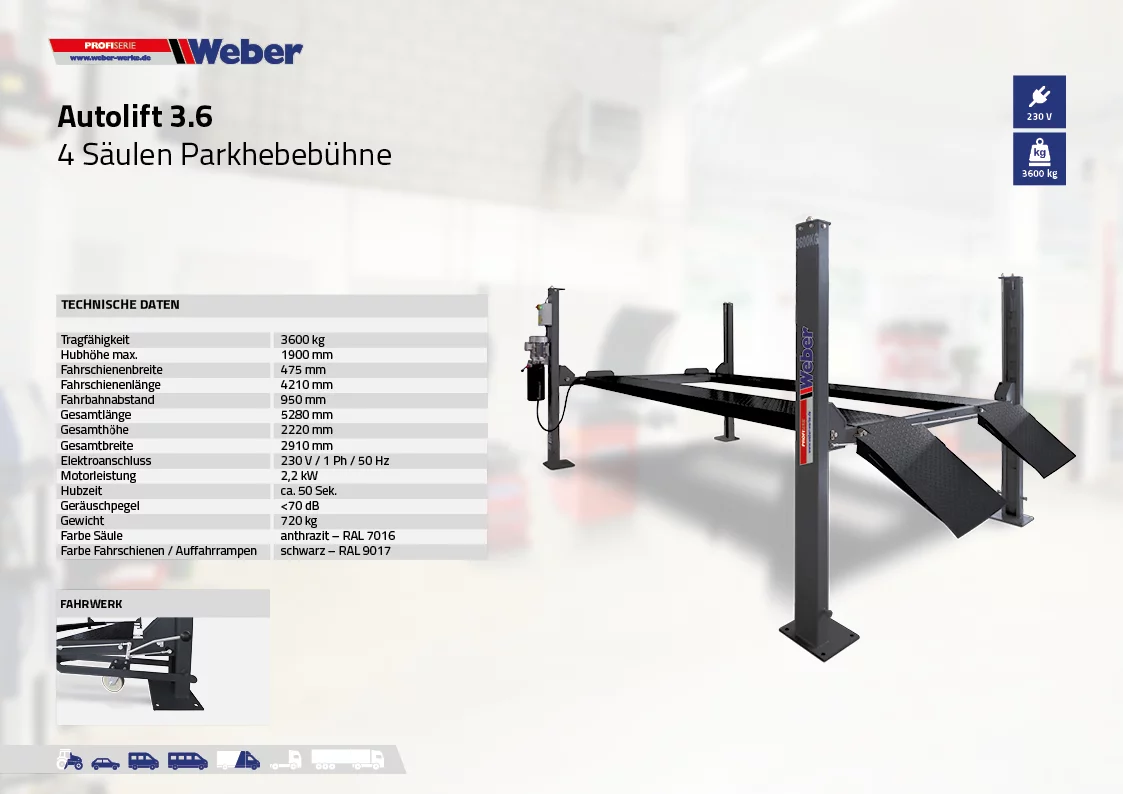 MOBILE 4 SÄULEN PARKHEBEBÜHNE WEBER PROFI SERIE AUTOLIFT 3.6 3