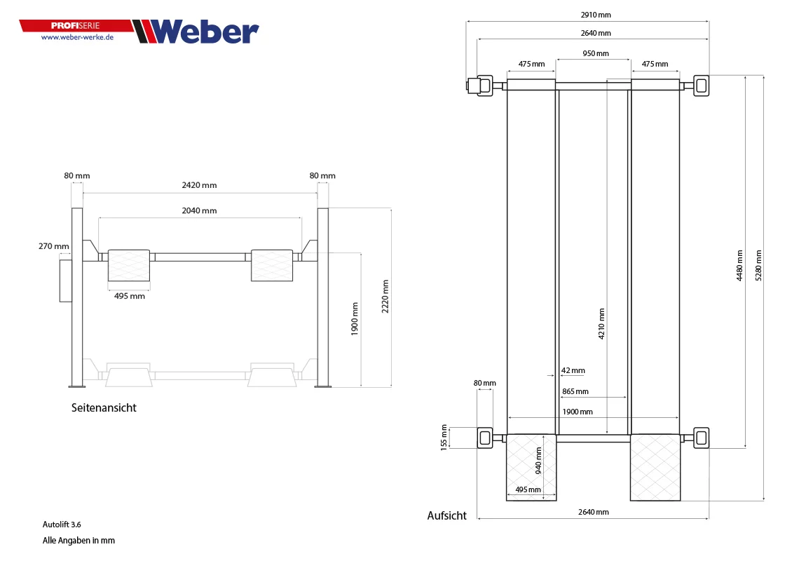 MOBILE 4 SÄULEN PARKHEBEBÜHNE WEBER PROFI SERIE AUTOLIFT 3.6 4