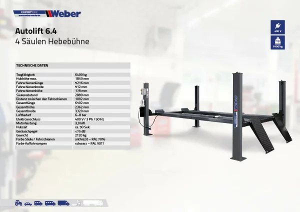 4 SÄULEN HEBEBÜHNE WEBER EXPERT SERIE AUTOLIFT 6.4 2