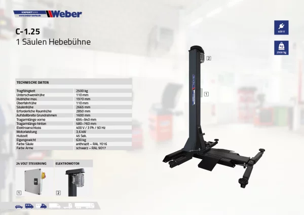 1 Säulen "Spindel" Hebebühne Weber Expert Serie C-1.25 5