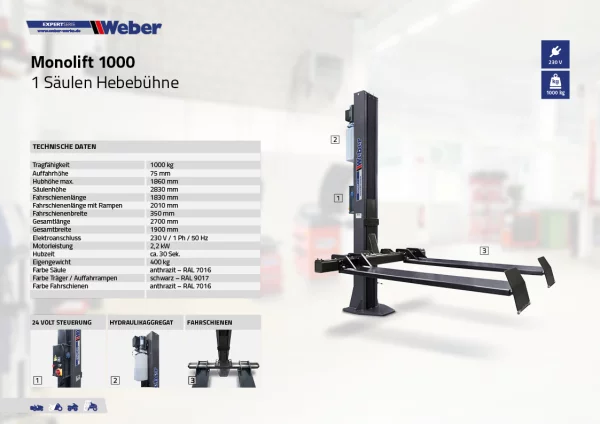 1 SÄULEN HEBEBÜHNE WEBER EXPERT SERIE MONOLIFT 1000 7