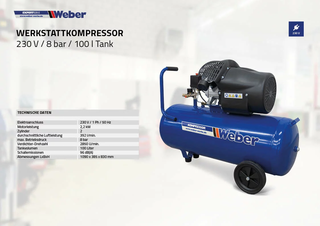 Werkstattkompressor 230 V / 8 bar / 100 l Tank 2